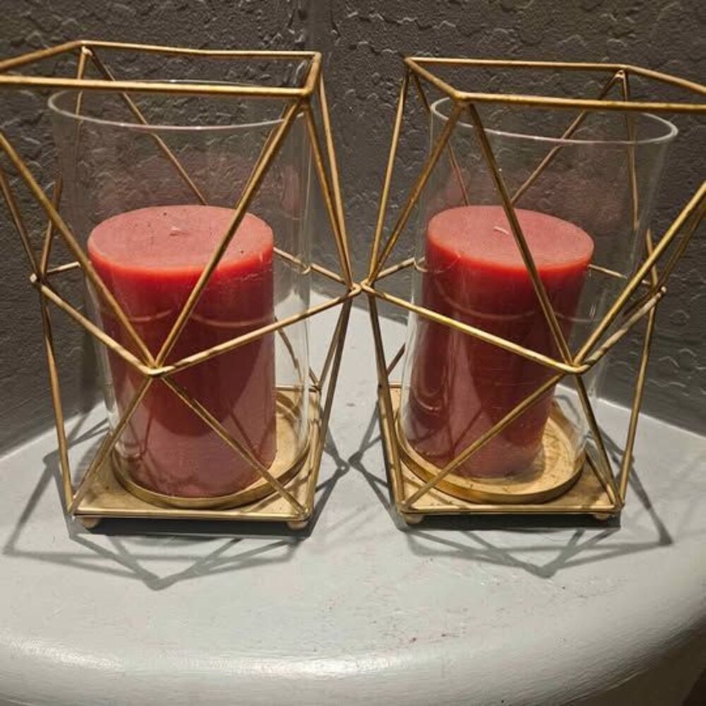 Gold Geometric Metal Candleholders with Candles Set of 2 10" x 5.5"